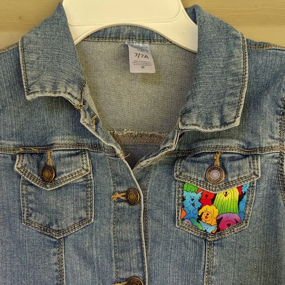 Upcycled Carter's Size 7 Child's Jean Jacket Jacket Dog Theme